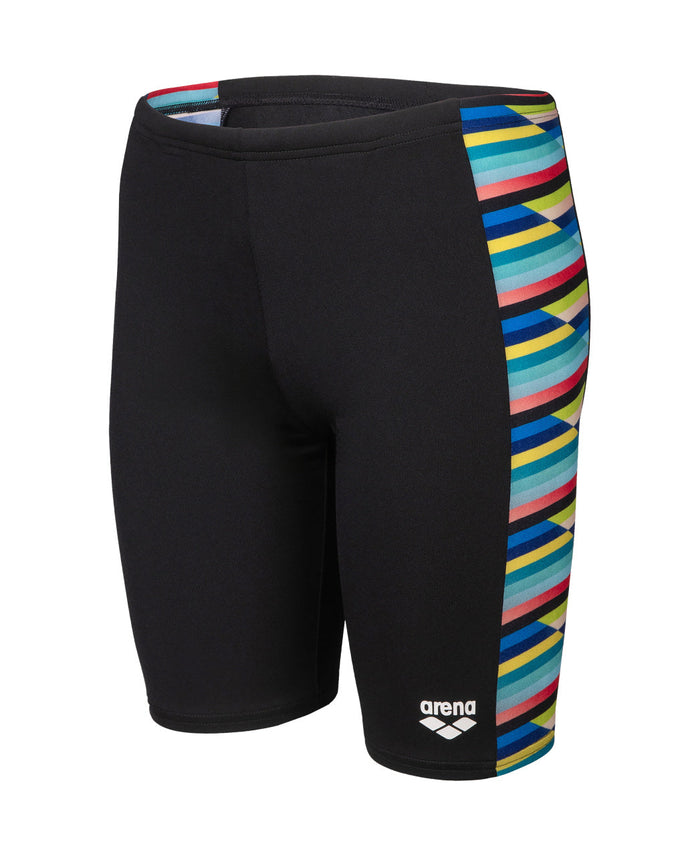 Arena Boys Racing Stripe Swim Jammer black trunks with colorful geometric side design
