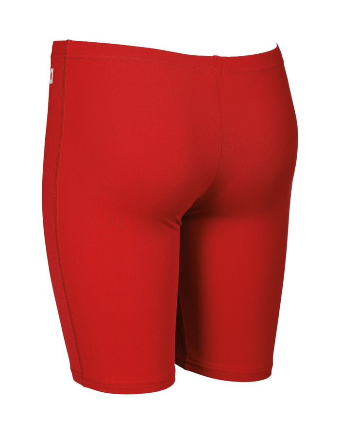 Red boys team solid swim jammer with white Arena logo on spandex waistband