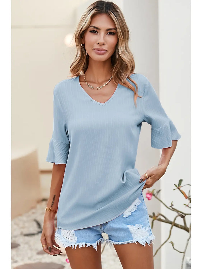 Blouse - Ruffled Half Sleeve V-Neck Textured, Blue
