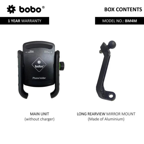 BOBO BM4M adjustable bike phone holder for 4.0–7.0 inch phones with mirror mount bracket
BOBO BM4M durable motorcycle phone holder showing front grip and rear mounting mechanism
