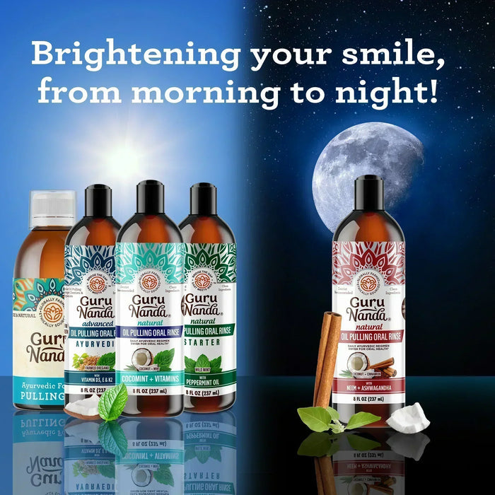 Beverage bottles with Guru Nanda labels on a reflective surface with a moonlit night background. #pack_1-pack