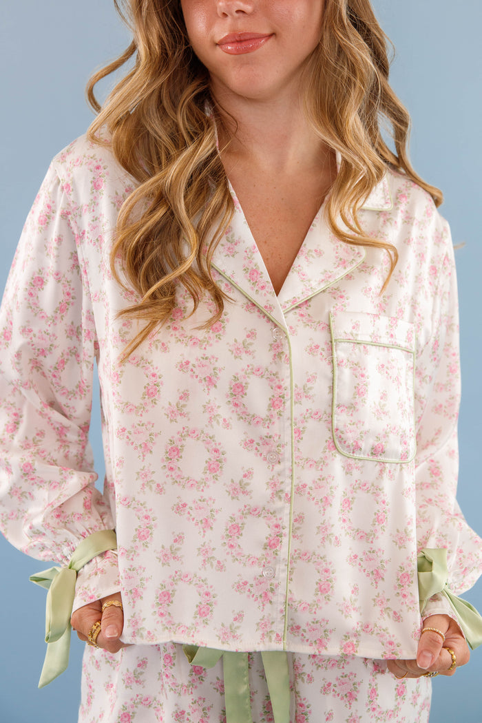 Women's Bow Pajama Top- Floral Print Pajama Top- Women's Stain PJ Set