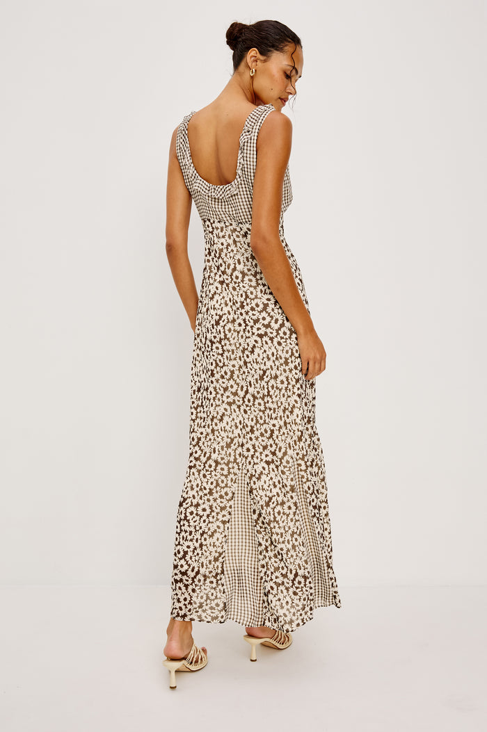 Dahlia Maxi Dress in Chiffon With Ruffle Trim Scoop Neckline With Center-Front Ties Empire Waistline Hidden Side Zip and Godet Insets in Espresso Daisy Gingham Mix Colorway - Full Body Front View Featured on Model