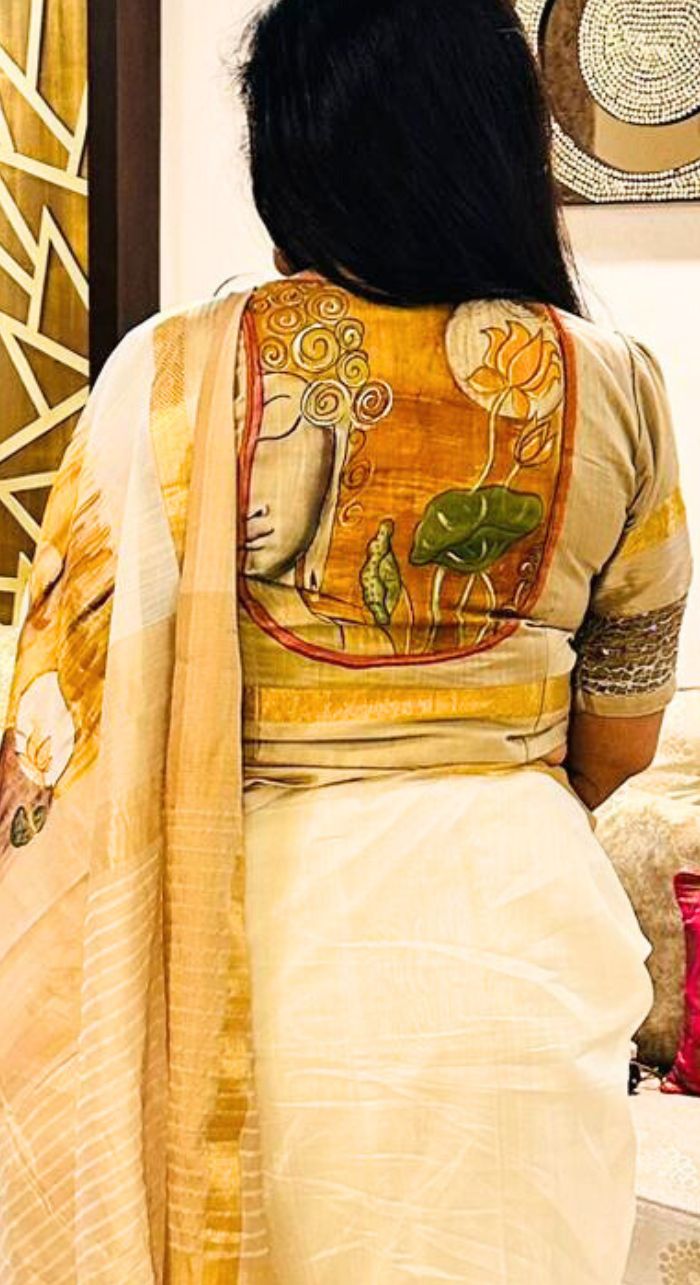 White Freehand Painted Cotton Silk Saree
