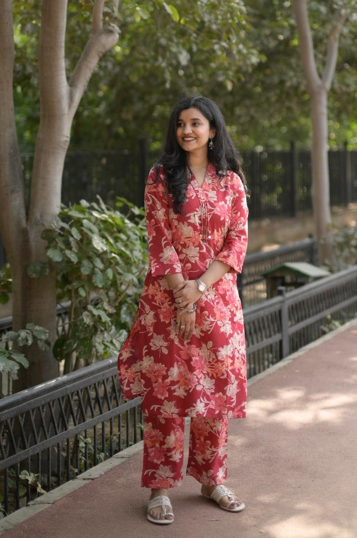 Disha Everyday Cotton Set- Red Florals