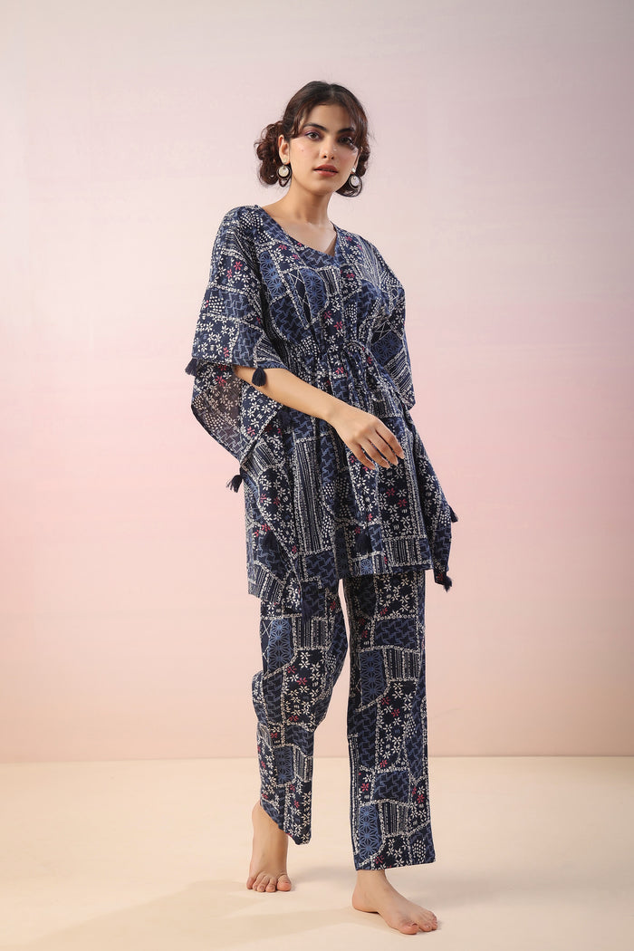 Doodle Print on Indigo Kaftan Cotton Co-ord Set