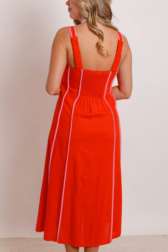 Red Contrast Trim Midi Dress with Smocked Back- Women's Vacation Dresses- THML Dresses