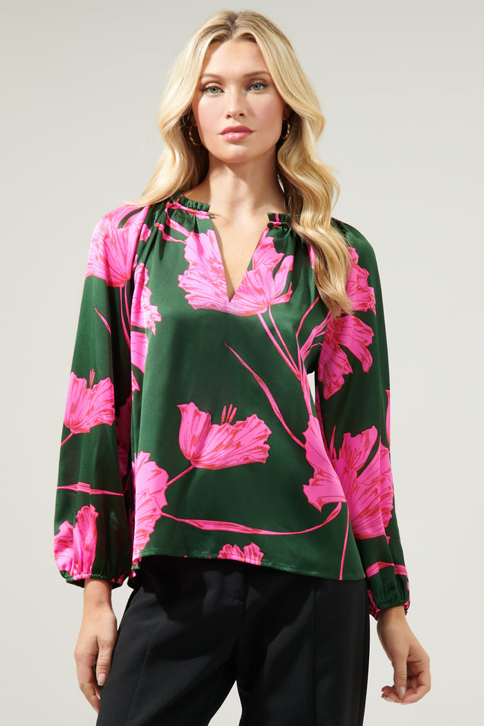 Eartha Floral Jovie Split Neck Satin Raglan Blouse