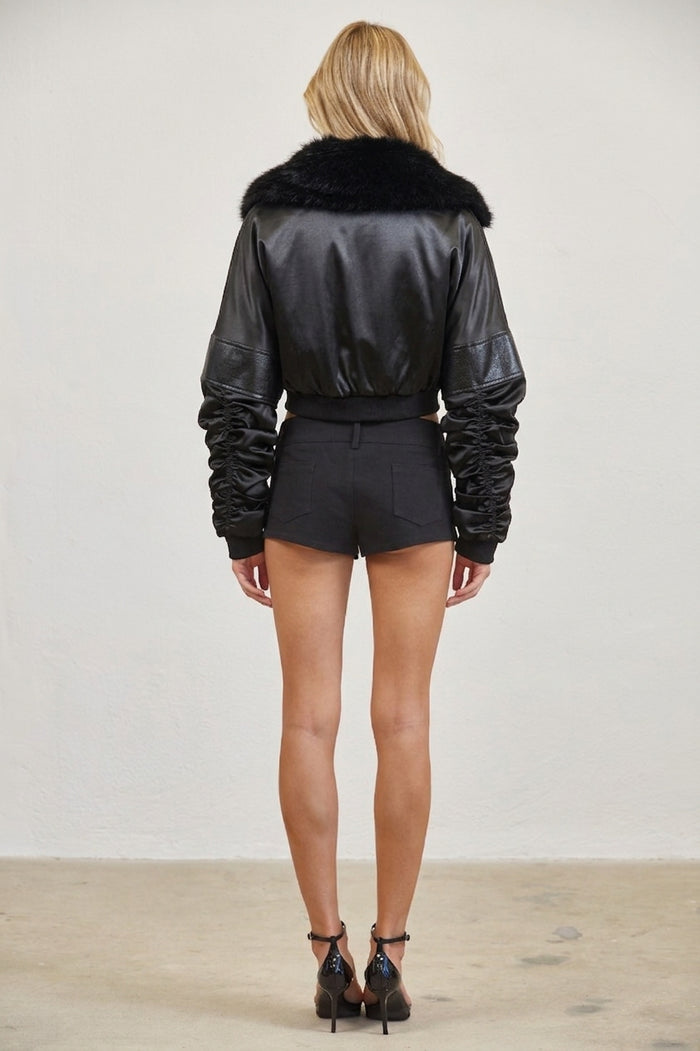 Faux Leather Bomber Jacket with Faux Fur Collar