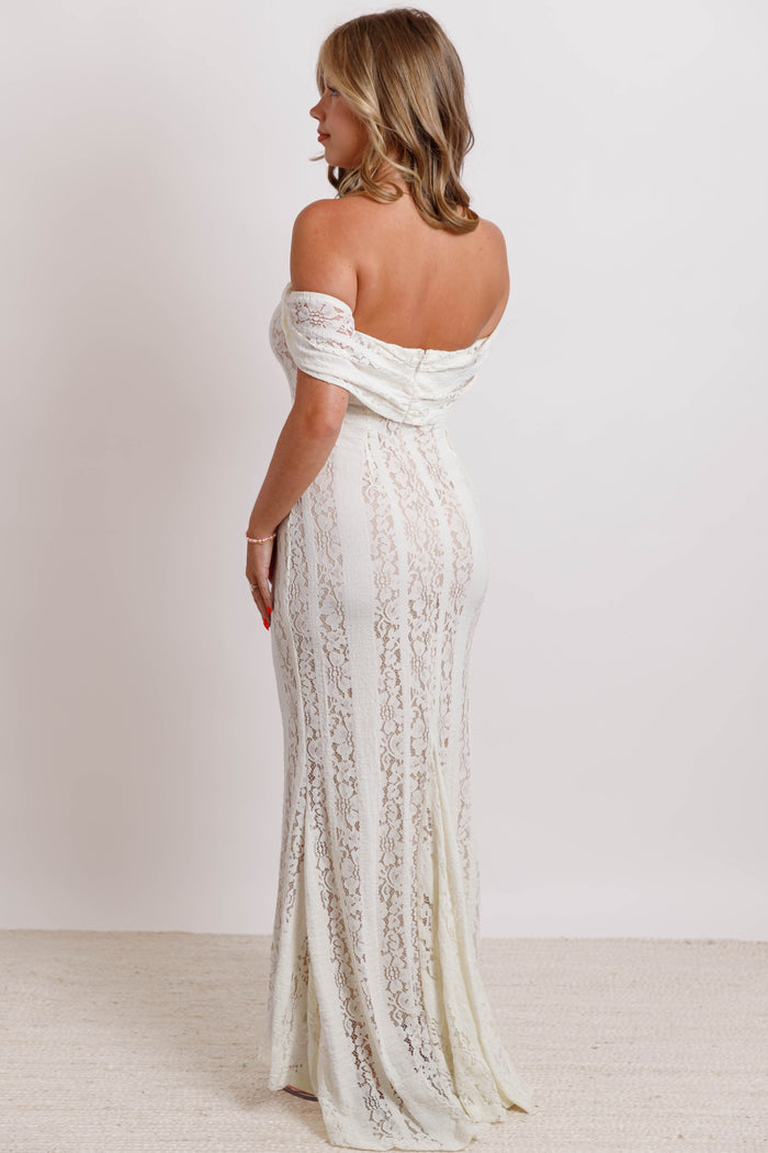 Lace Off Shoulder Maxi Dress- Cream Romantic Lace Maxi Dress- One and Only Dress