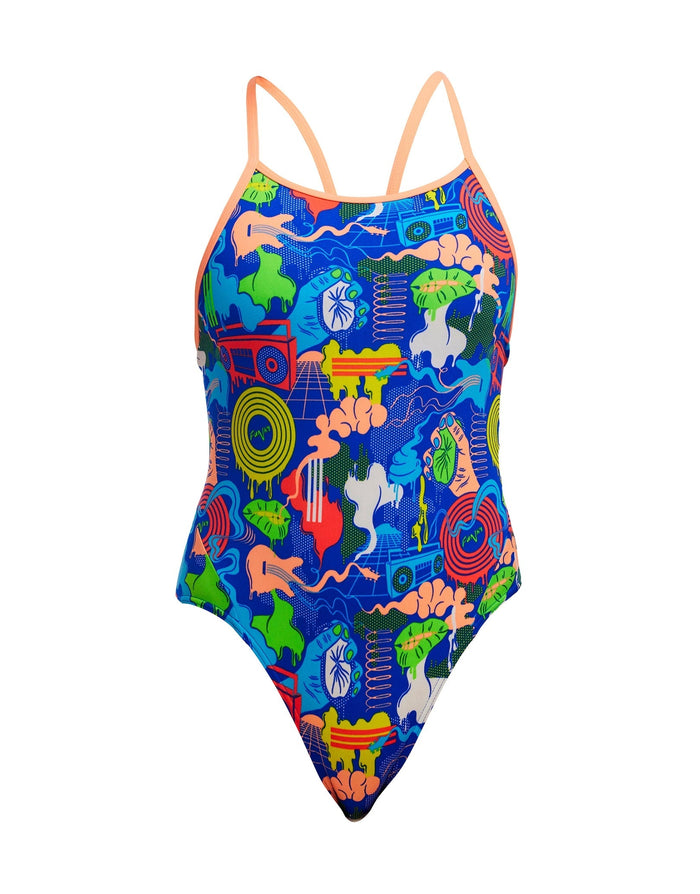 Funkita girls blues baby diamond back swimsuit in blue with colorful cartoon print
