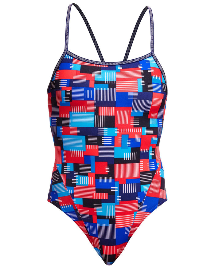 Funkita Motherboard Single Strap swimsuit in blue and red geometric pattern with black straps