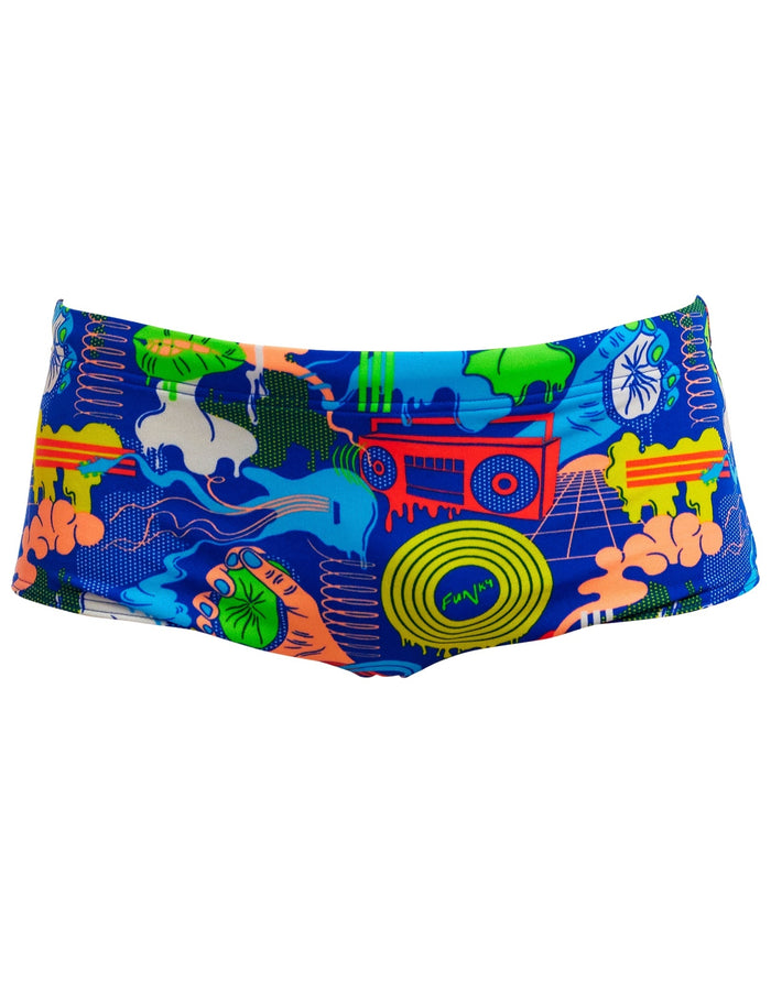 Vibrant blue and green Funky Trunks Boys Blues Baby Sidewinder swim trunks