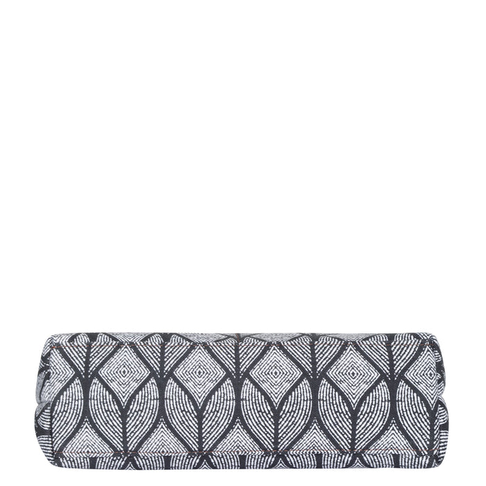 Monochrome printed canvas shoulder‑sling bag with soft relaxed silhouette for daily and travel use-bottom view