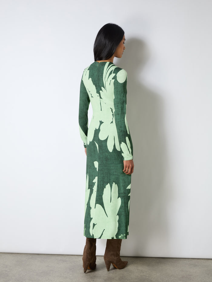 Green Floral Print Jersey Ruched Front Dress