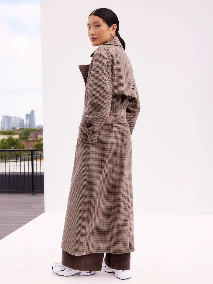 Houndstooth Check Belted Wool-Blend Trench Coat
