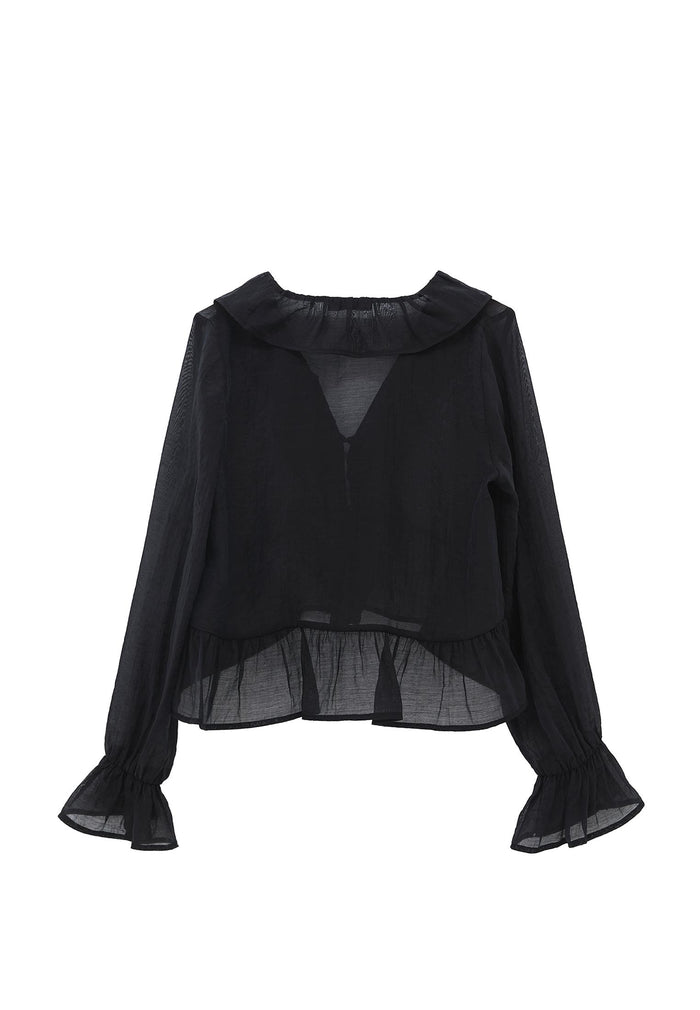 Long Sleeved Ruffled Blouse - BLACK