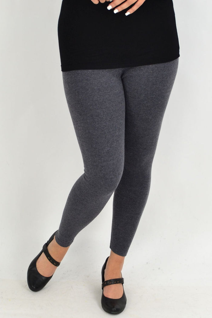 Grey long winter weight cotton leggings by Whispers, showing thick, cozy fabric perfect for cold weather.