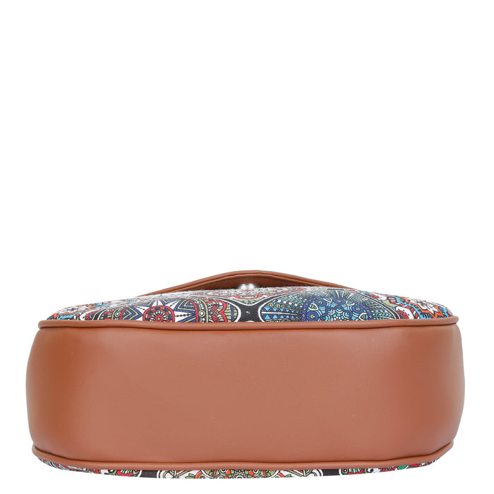 Multicolour printed canvas shoulder‑sling bag with tall soft silhouette for everyday and travel use-bottom view