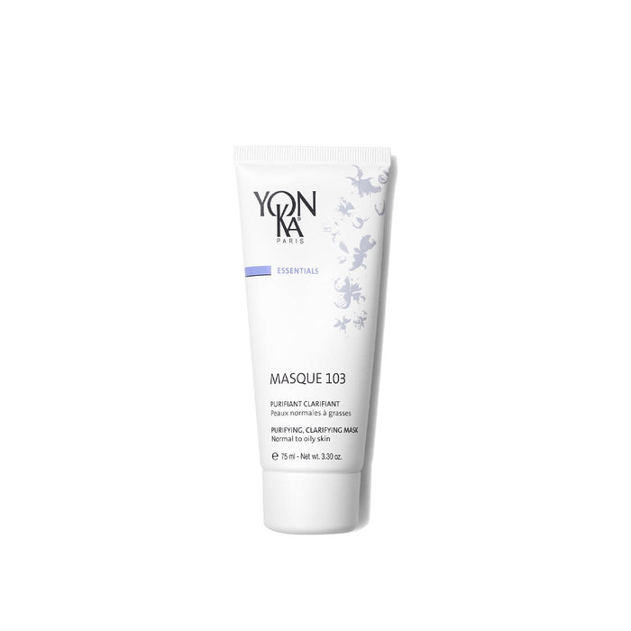 Masque 103 Clay Mask | Yon-Ka Paris in a white tube with subtle gray floral design, a purifying and clarifying skincare product for normal to oily skin.