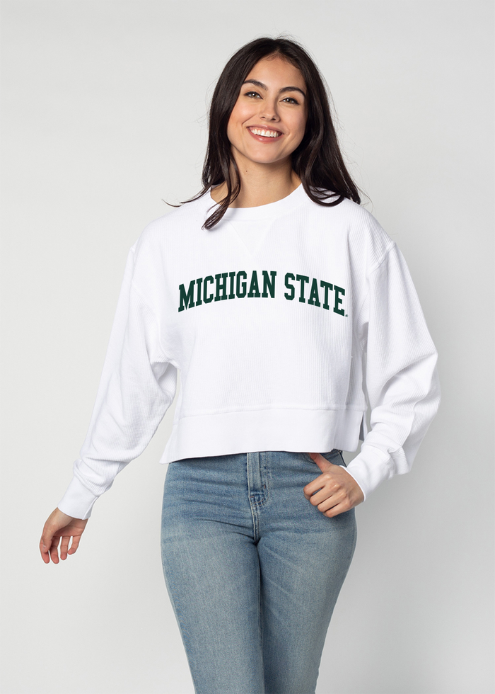 Michigan State Spartans Women's White Relaxed Premium cotton corded fleece Sweatshirt with Super soft hand feel, vintage wash, side slits and ribbed crew neckline, cuffs, and hemline