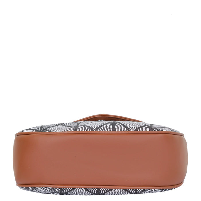Monochrome printed canvas shoulder‑sling bag with tall soft silhouette for daily and travel use-bottom view