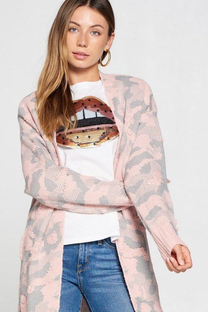 Multi Color Long Sleeve Cardigan - Pink