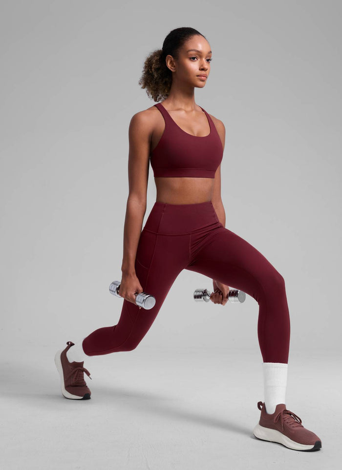 CRZ YOGA Women's Yoga Training Medium Support Nakedfeel Bra Cross Back Red Merlot