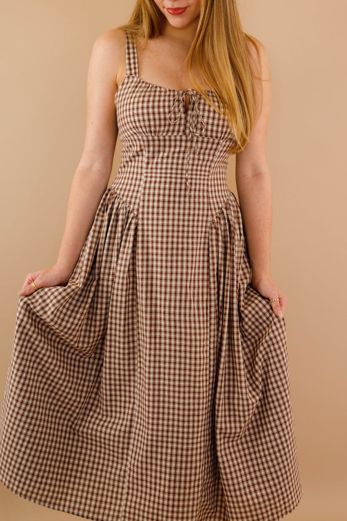 Milkmaid Bodice Maxi Dress- Women's Brown Gingham Dropwaist Dress- Creamon Dresses