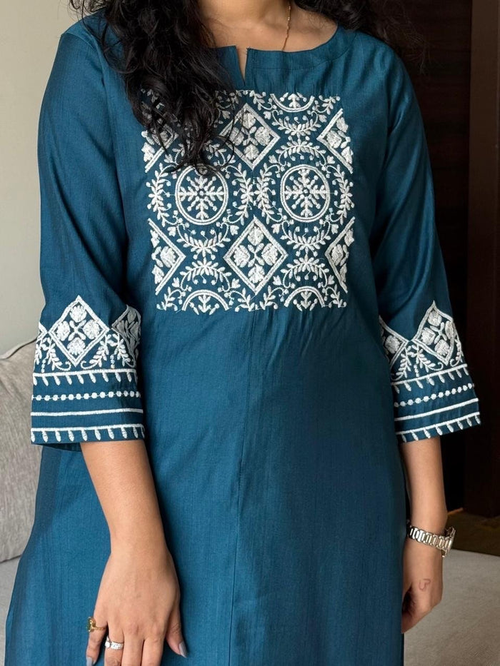 Neer Embroidered Straight Set- Teal Blue