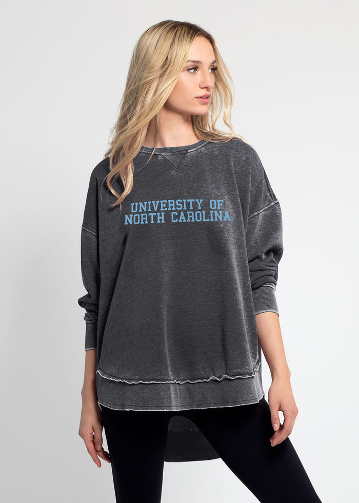 North Carolina Tar Heels Women's Charcoal Relaxed Burnout fleece Sweatshirt with crew neck, dropped shoulders and hi-lo curved hem