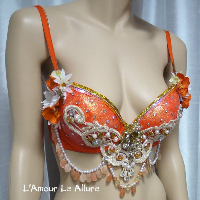 Orange Gold Glitter Mermaid Rave Bra Siren Costume