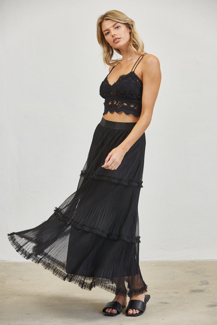 Pleated Tiered Mesh Maxi Skirt - Merlot