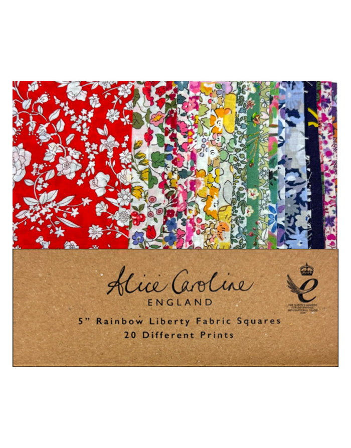 Pack of Alice Caroline fabric squares with various floral patterns on a white background