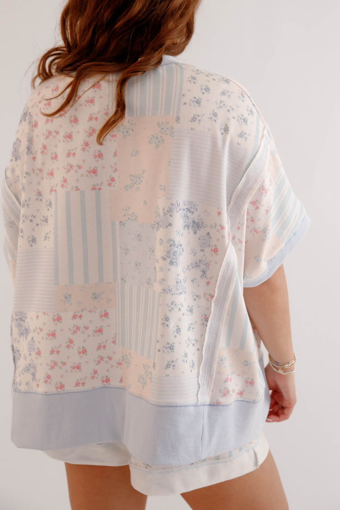 Matching Athleisure Set- Floral Patchwork and Striped Top- Peach Love Cream Matching Set