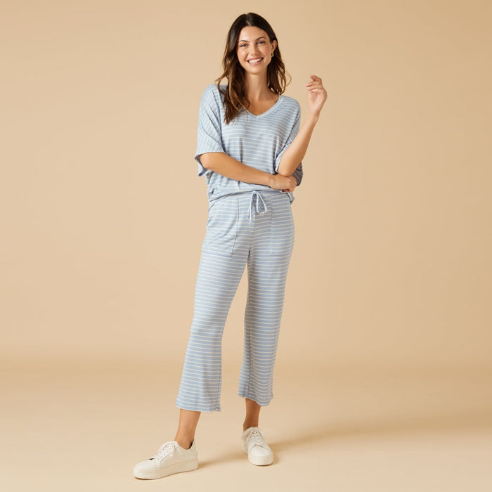 Softies - Sky Blue Striped, Dream Relaxed V-neck with Capri Lounge Set
