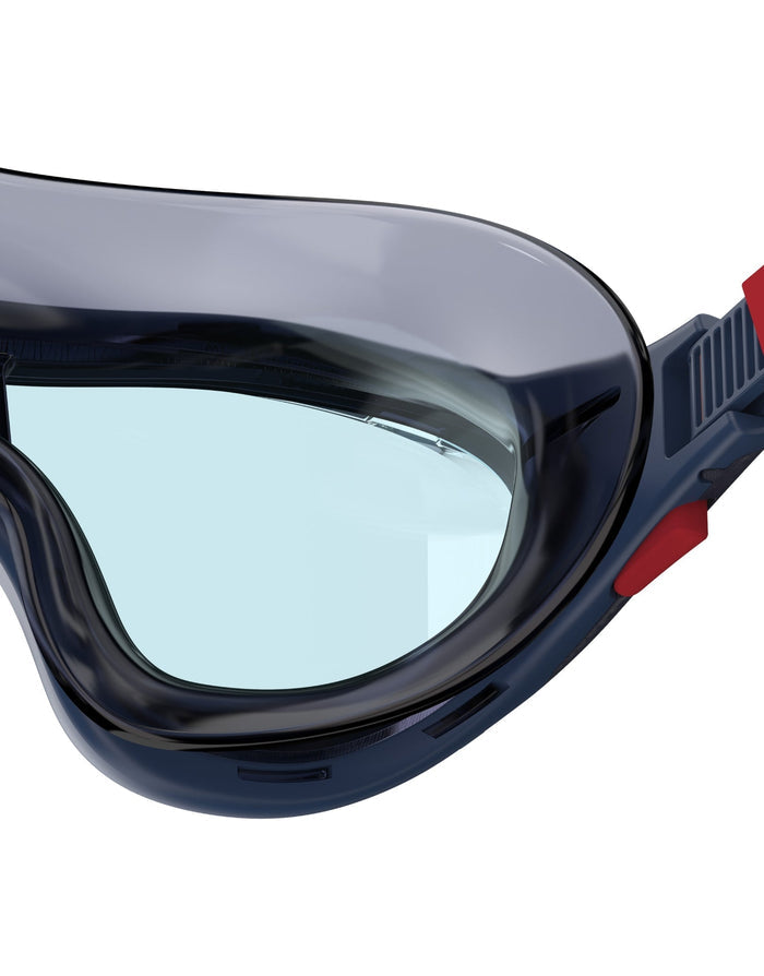 Speedo Biofuse 2.0 swim masks in blue and black with clear lenses and red accents