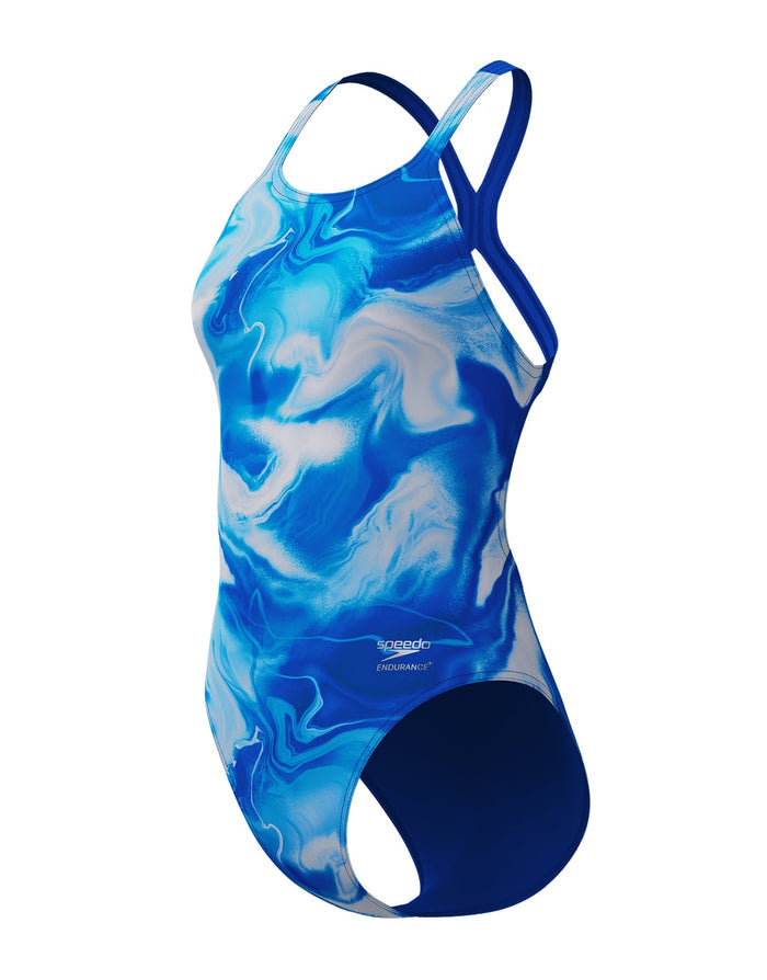 Speedo Club Training Printed Powerback Swimsuit in blue white abstract print