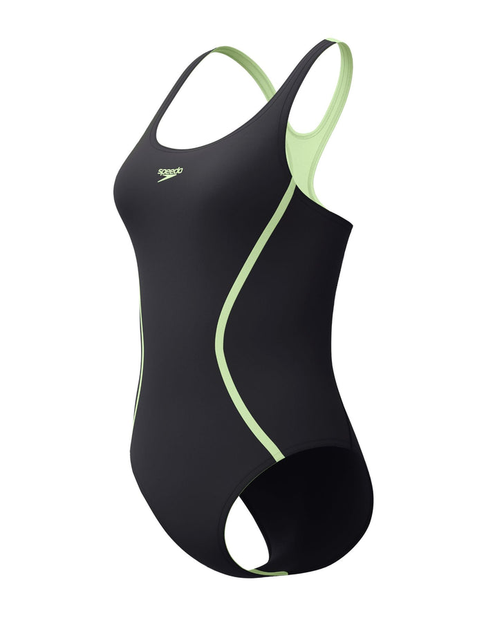 Speedo Solid Splice Medalist Swimsuit - Black/Light Green - Womens Swimwear