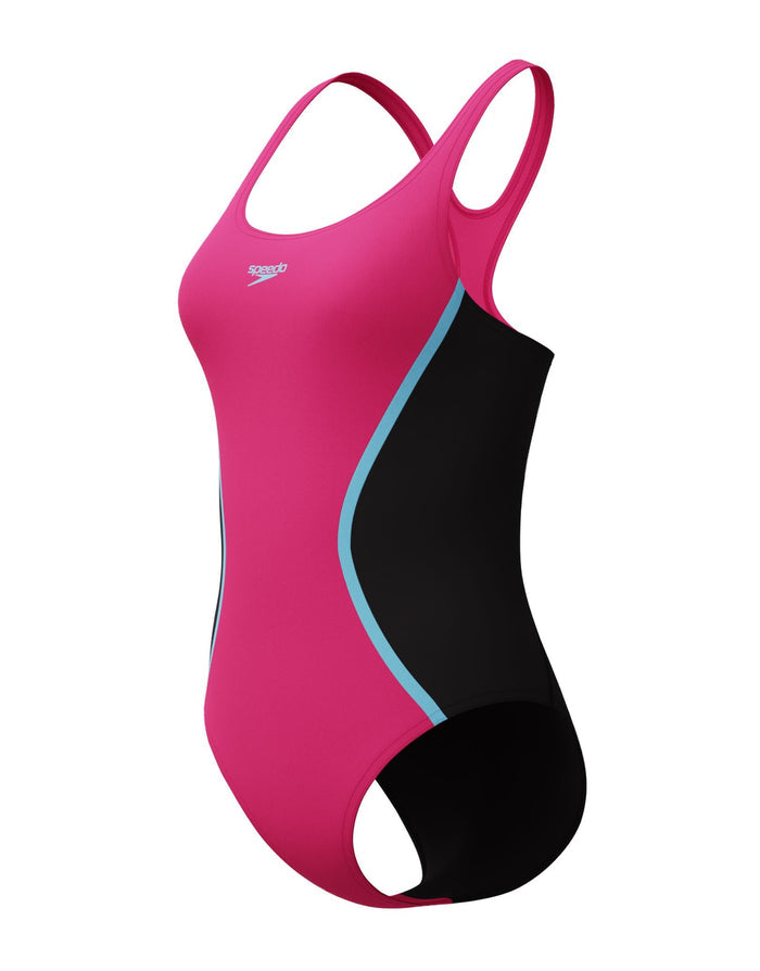 Speedo Solid Splice Medalist Swimsuit - Pink/Black