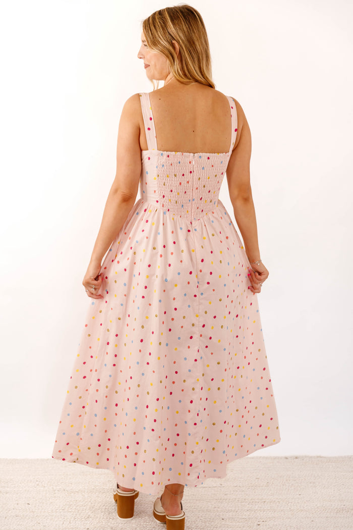 Blush Cotton Poplin Dress- Women's Polkadot Corset Midi Dress- Aureum Dresses