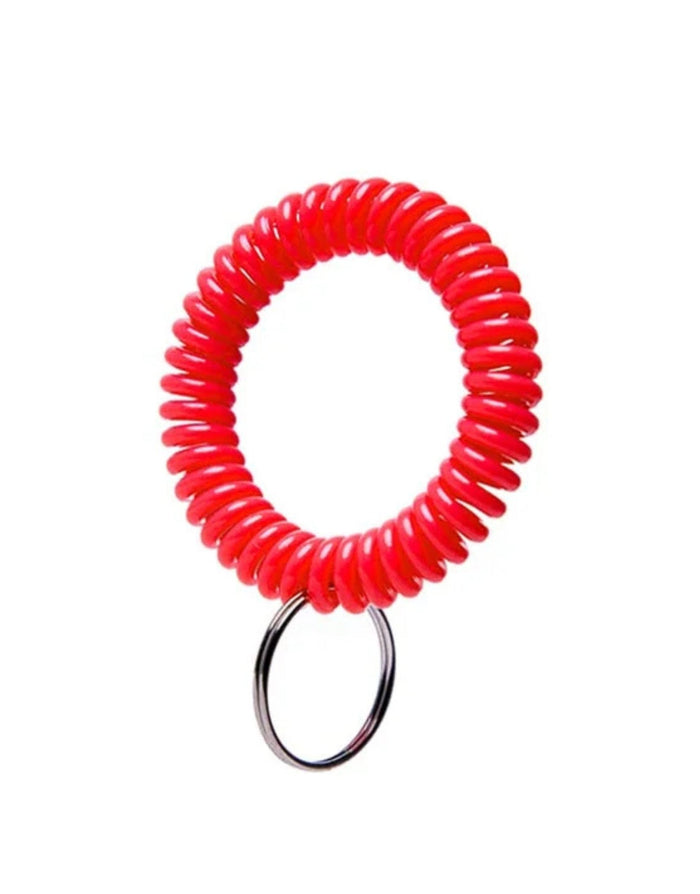 Red SwimExpert spiral cord keychain with metallic ring holds multiple keys securely