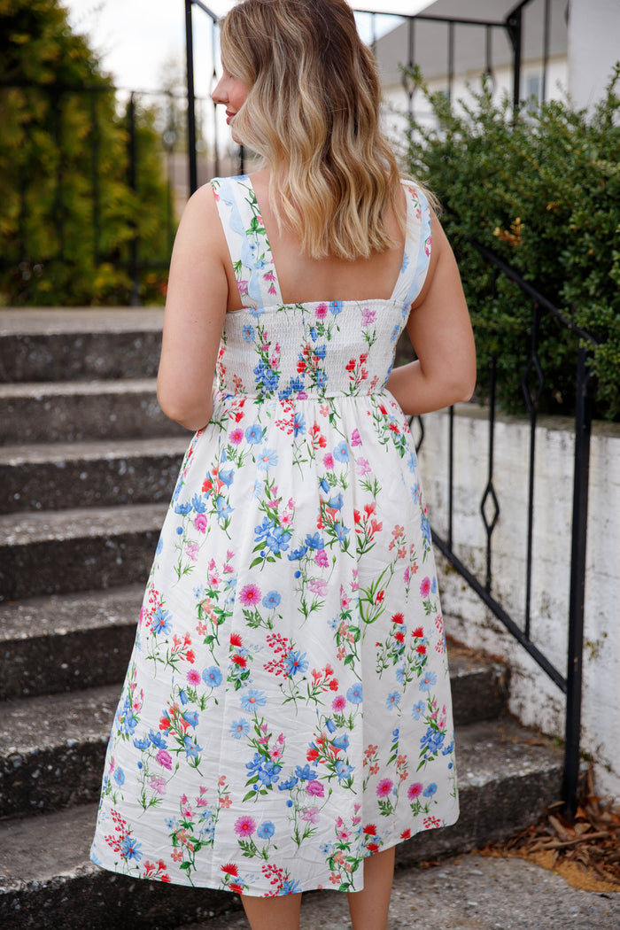 Vibrant Floral Midi Dress- Women's Preppy Dress- THML Floral Dress