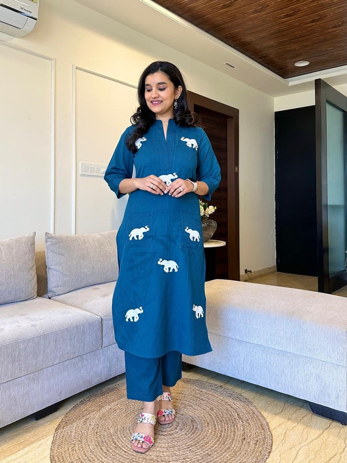 Tia Embroidered Cotton Pant Set- Blue