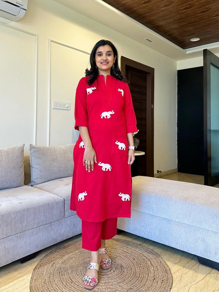 Tia Embroidered Cotton Pant Set- Red