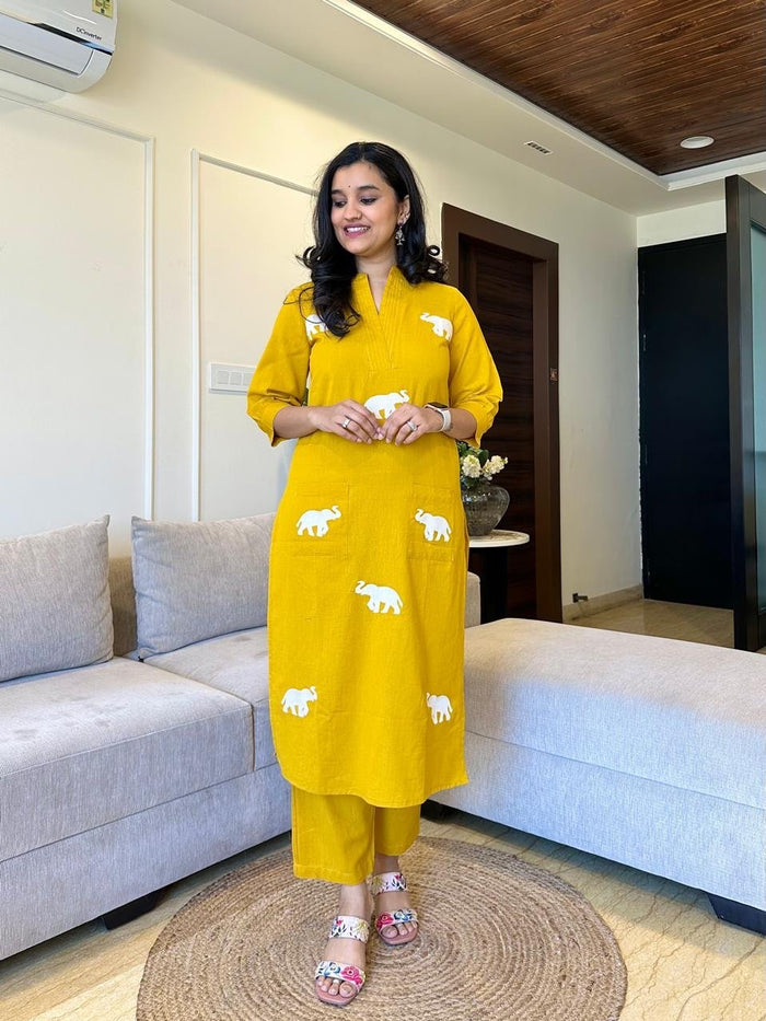 Tia Embroidered Cotton Pant Set- Yellow