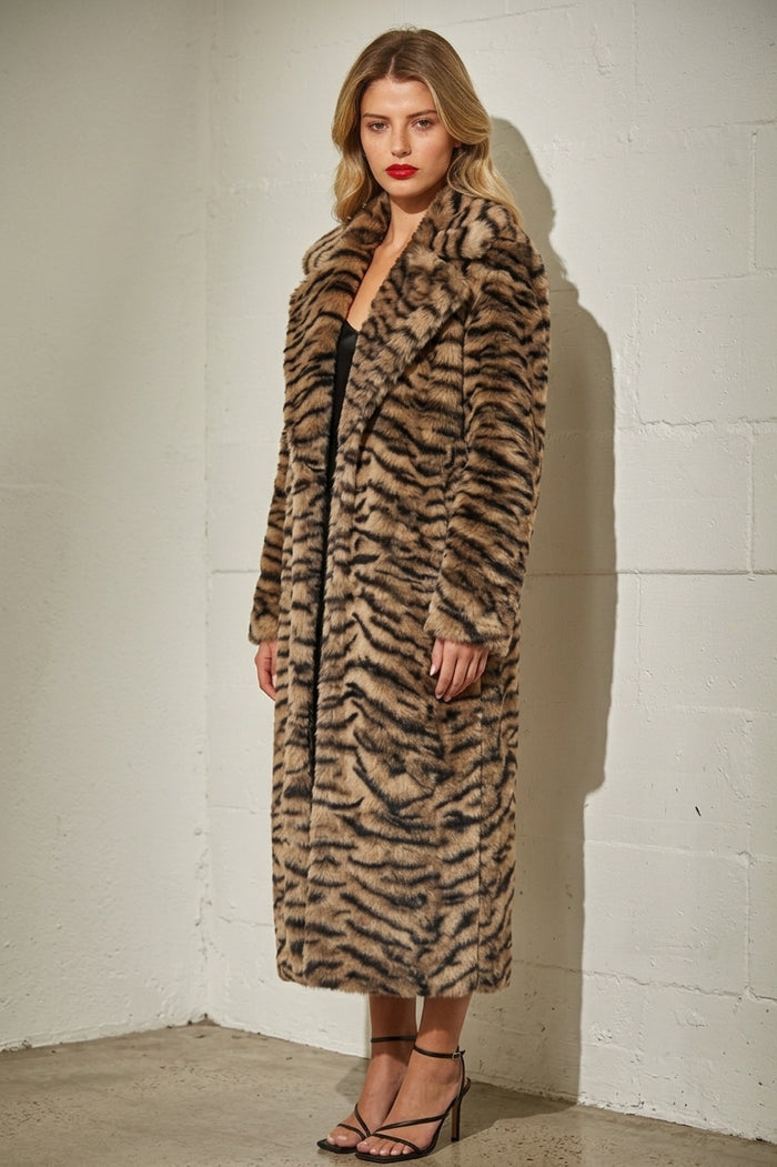 Tiger Print Faux Fur Maxi Coat