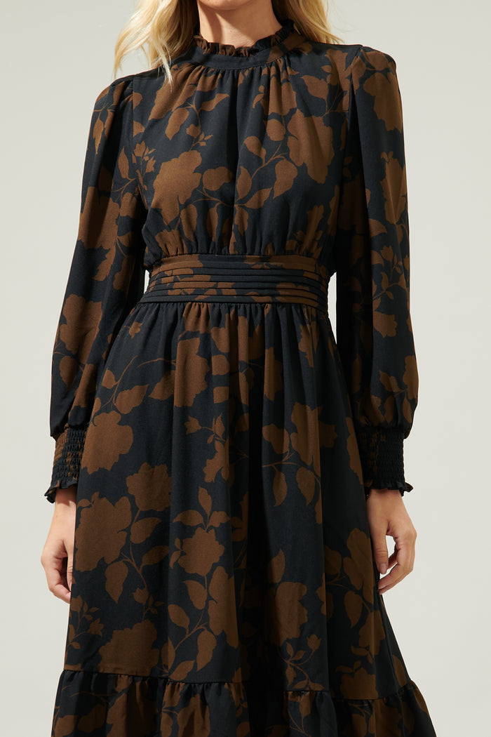 Toffee Floral Caitlyn Smock Sleeve Midi Dress