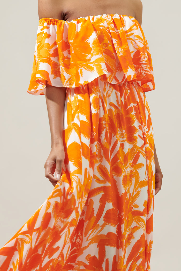 Tropical Dreamsicle Enamored Off the Shoulder Ruffle Dress