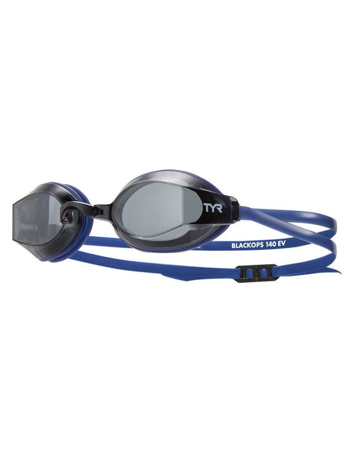 TYR Black Ops EV racing goggles with tinted lens and blue straps